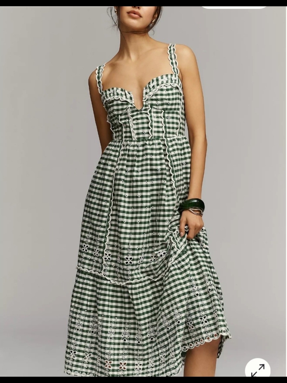 Anthropologie Green Gingham Midi Dress with White Eyelet Trim